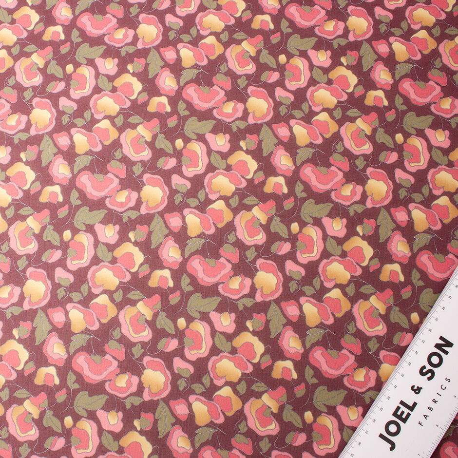 Pink & Khaki Floral Burgundy Silk Georgette (A 3.50m Piece)