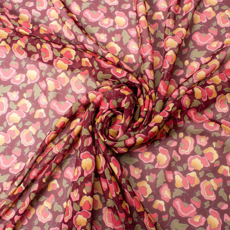 Pink & Khaki Floral Burgundy Silk Georgette (A 3.50m Piece)