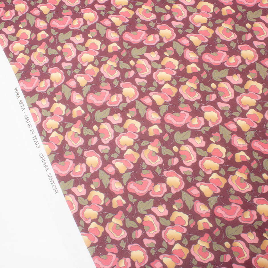Pink & Khaki Floral Burgundy Silk Georgette (A 3.50m Piece)