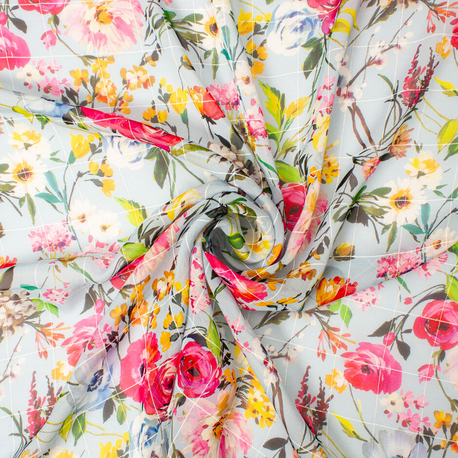 Multi-Coloured Floral Printed Sky Blue Silk Georgette