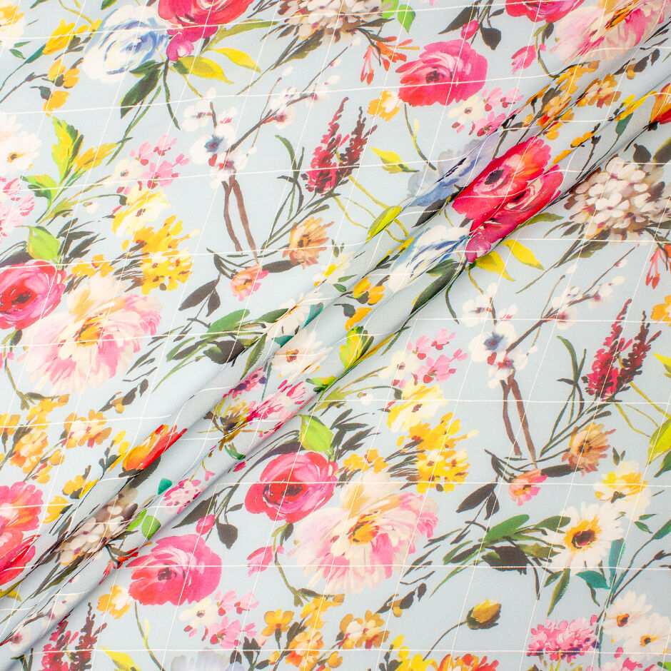 Multi-Coloured Floral Printed Sky Blue Silk Georgette