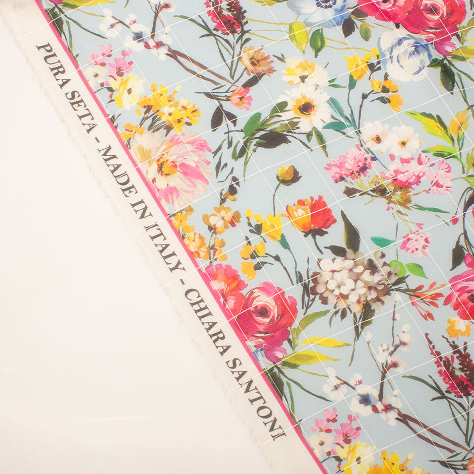 Multi-Coloured Floral Printed Sky Blue Silk Georgette