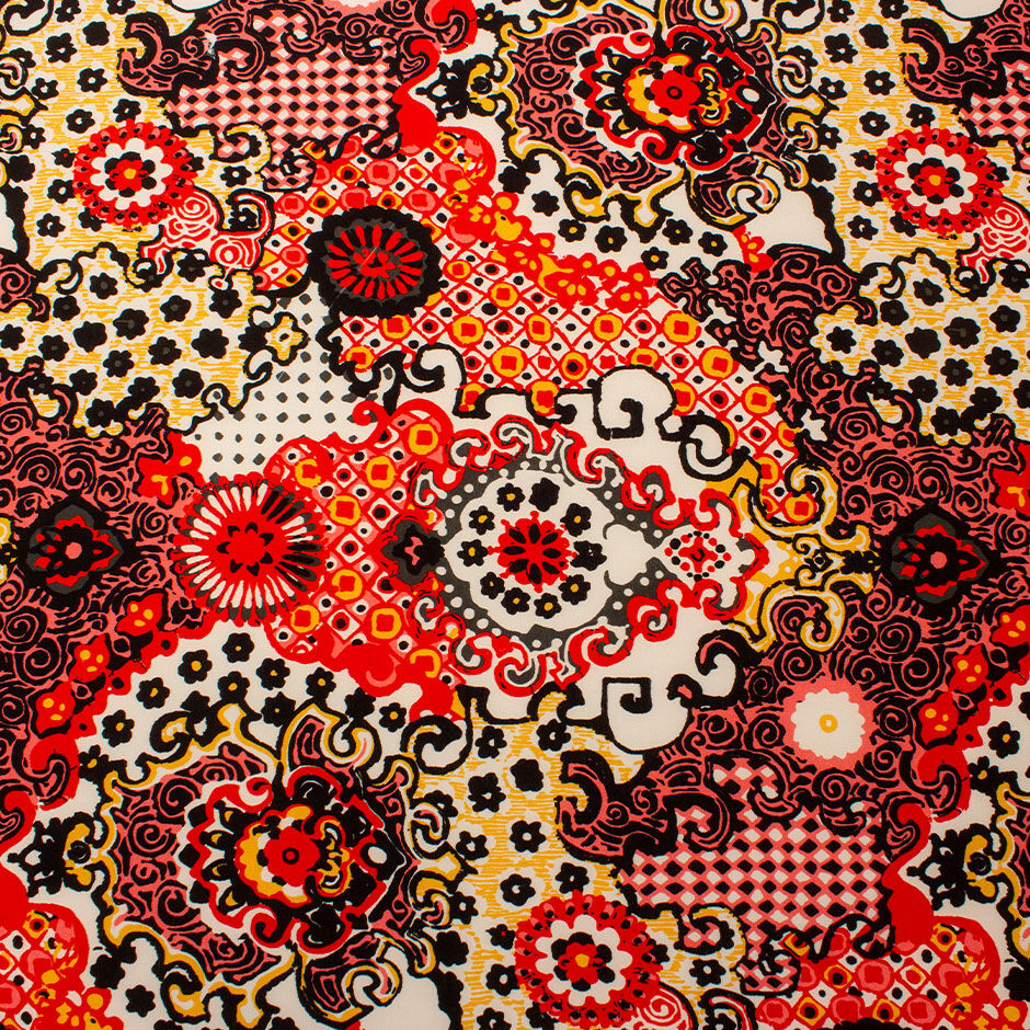 Red, Orange & Black Patterned Crêpe De Chine