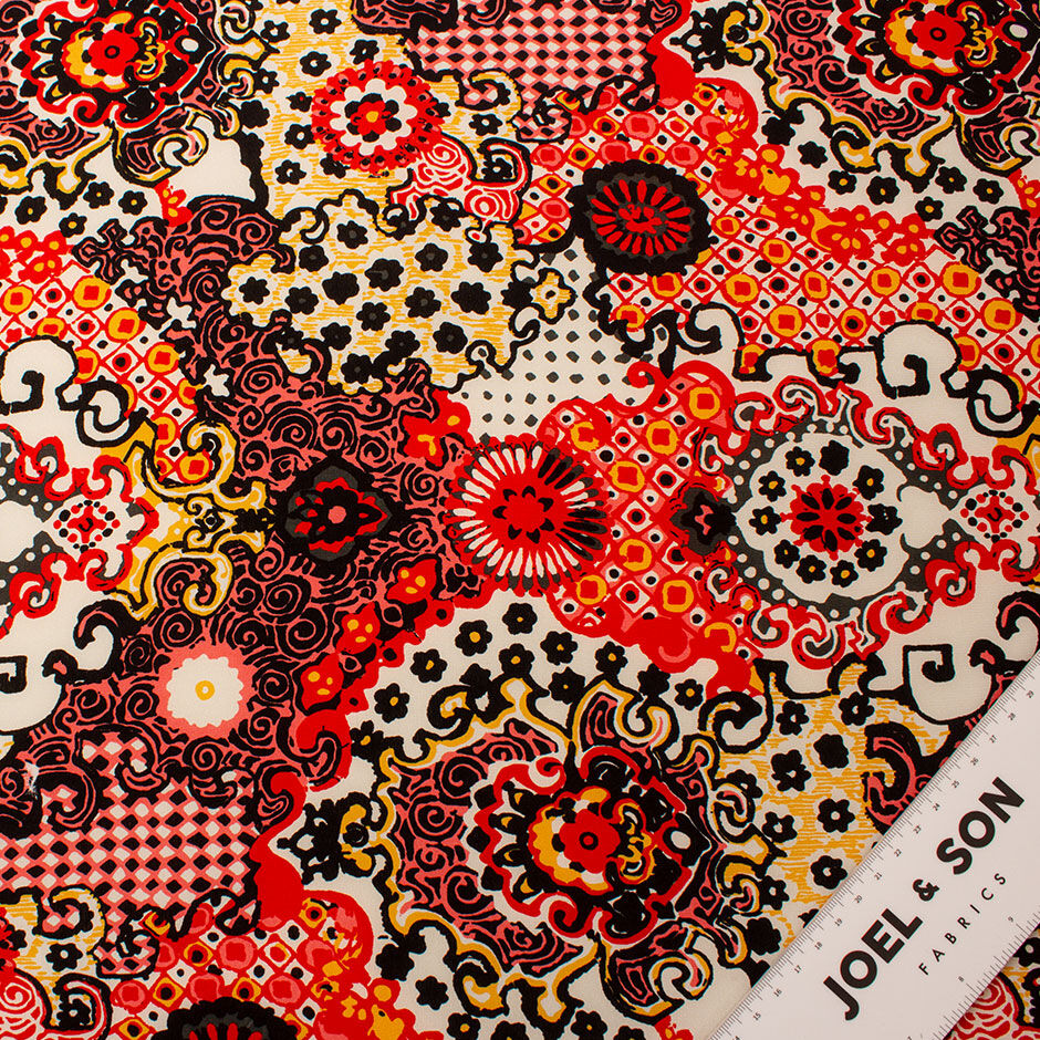 Red, Orange & Black Patterned Crêpe De Chine