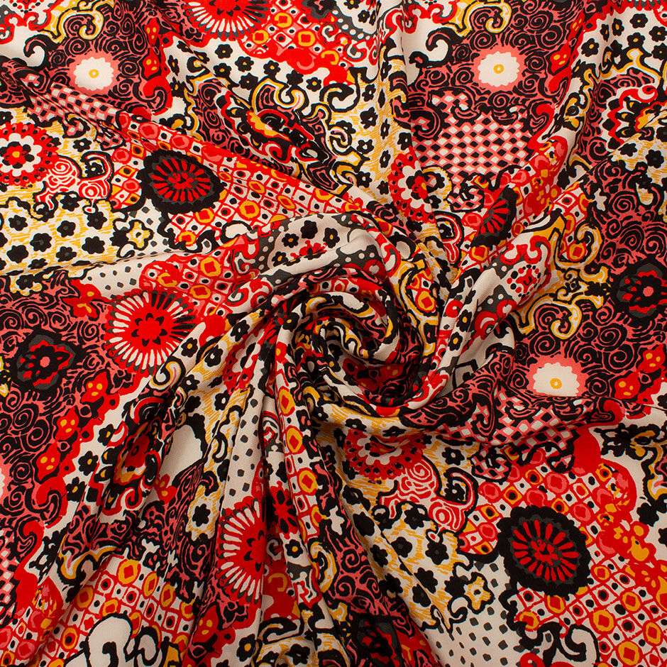 Red, Orange & Black Patterned Crêpe De Chine