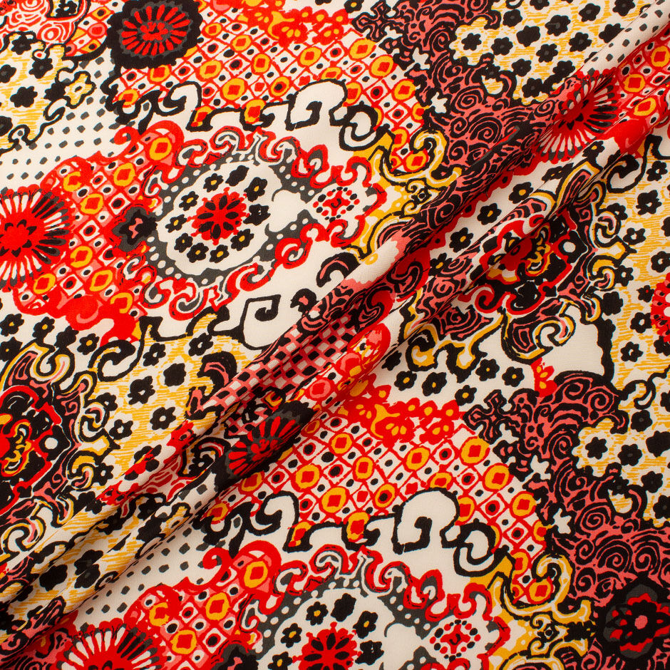 Red, Orange & Black Patterned Crêpe De Chine