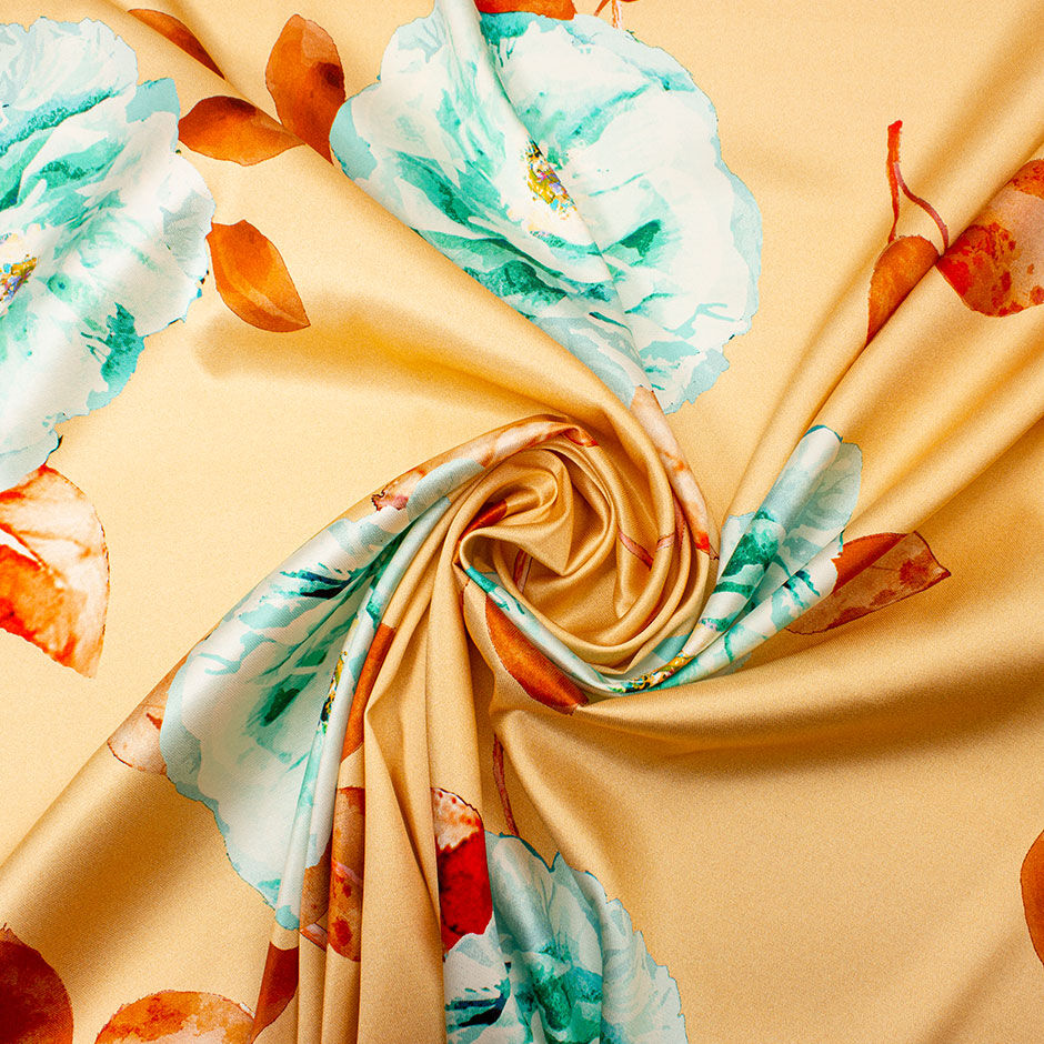 Soft Blue Floral Printed Sand Stretch Silk