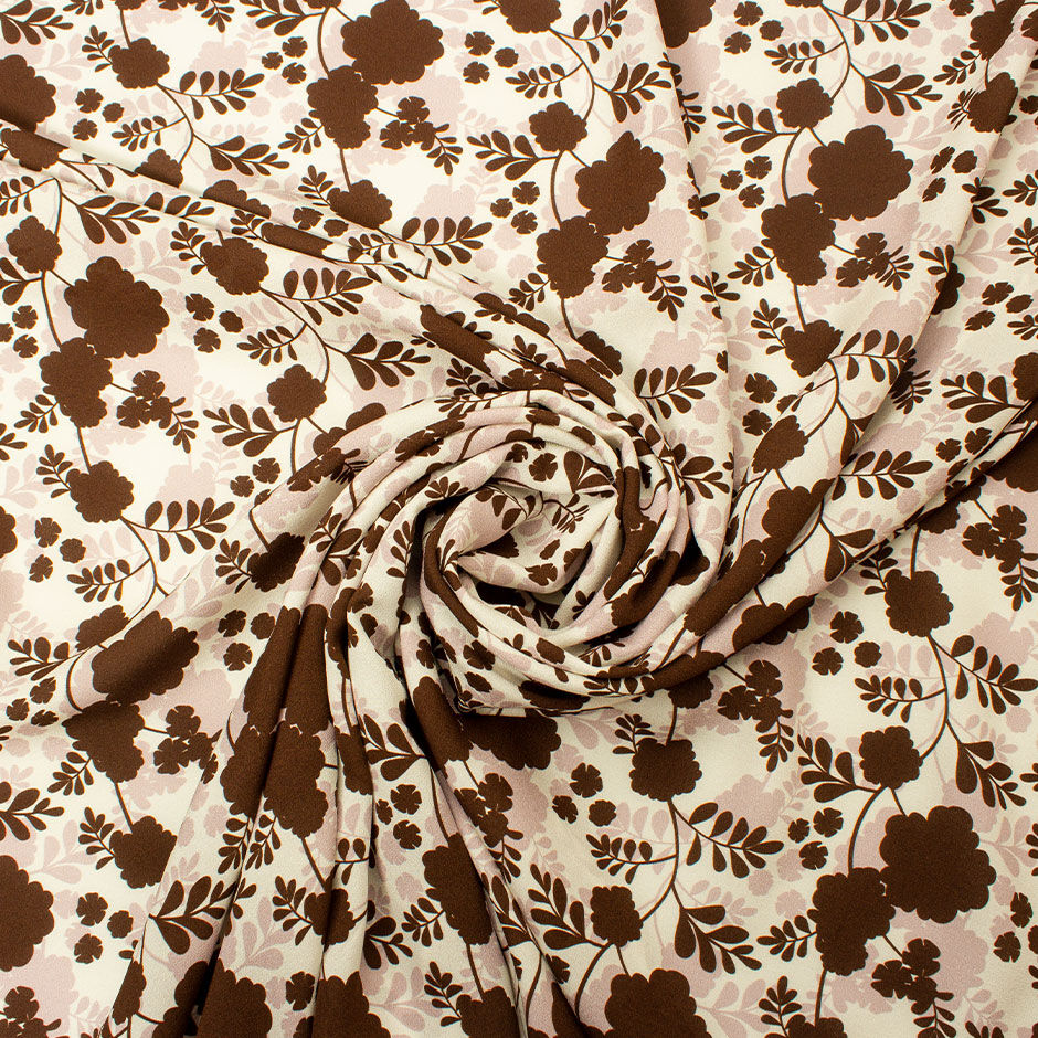 Brown & Dusty Pink Floral Printed Silk Crêpe de Chine