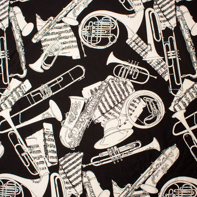 Monochrome Musical Instruments Printed Black Silk Twill