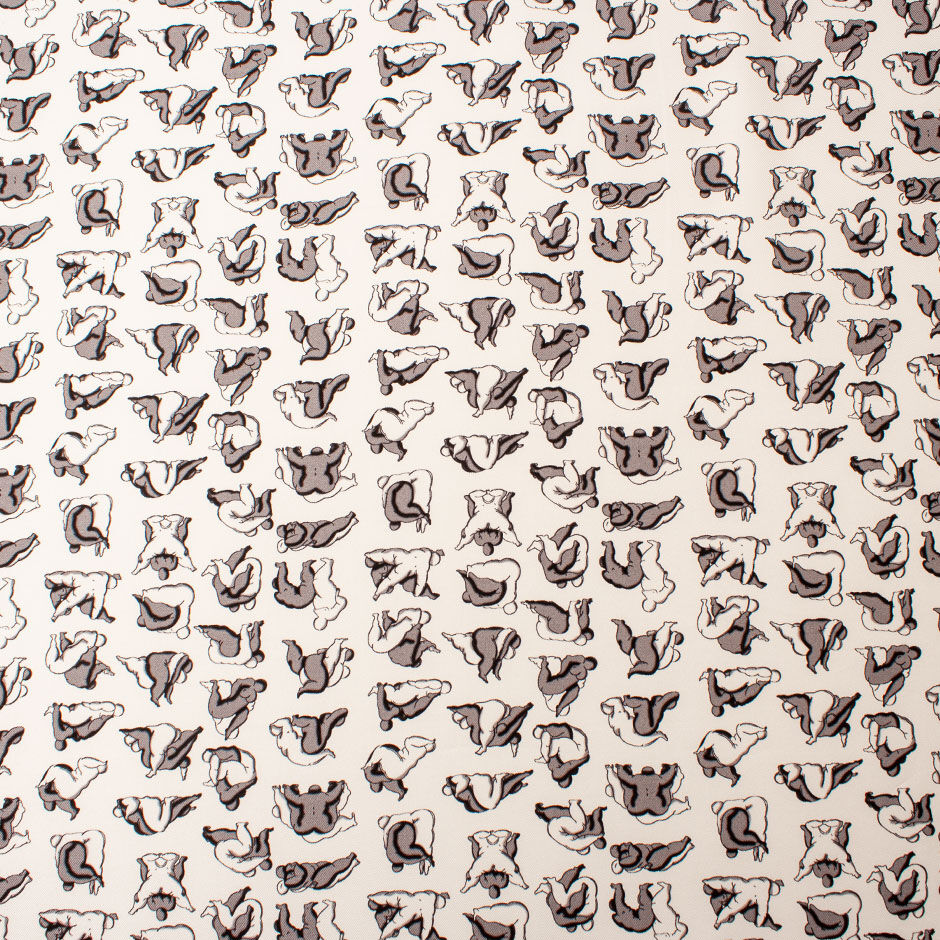 Grey & White Figures Printed White Silk Twill (A 3.45m Piece)