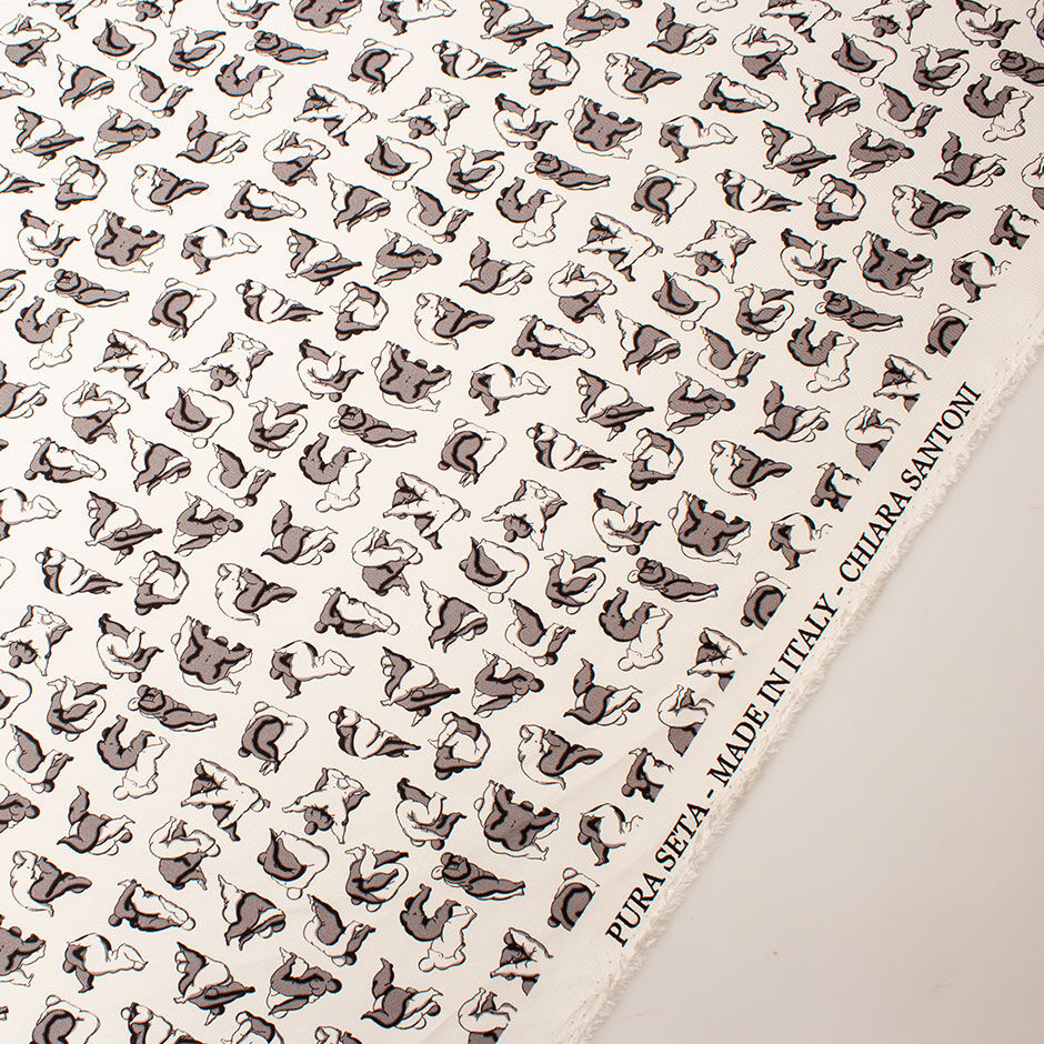 Grey & White Figures Printed White Silk Twill (A 3.45m Piece)