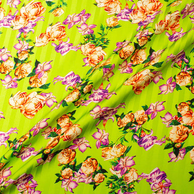 Floral Printed Bright Green Candy Striped Silk Jacquard