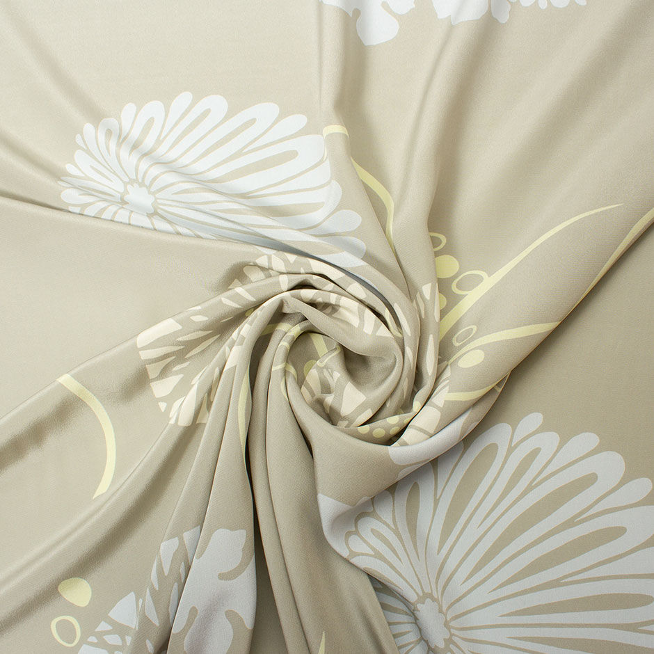 Yellow & Cream Floral Printed Taupe Crêpe de Chine