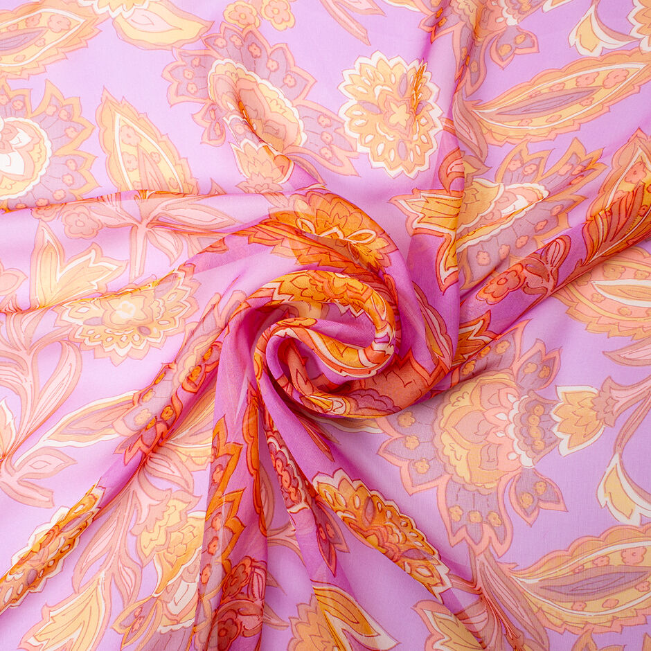 Peach Printed Purple Silk Chiffon (A 3.50m PIece)
