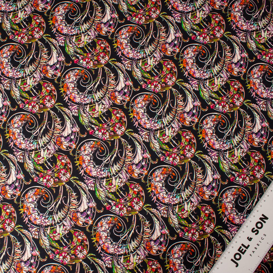 Multi Floral Printed Black Silk & Viscose Blend