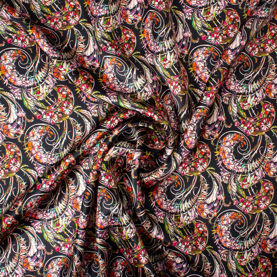 Multi Floral Printed Black Silk & Viscose Blend