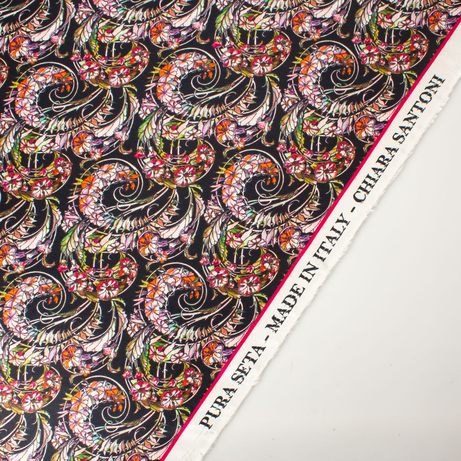 Multi Floral Printed Black Silk & Viscose Blend