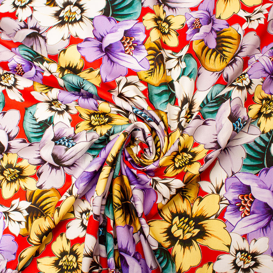 Purple & Yellow Floral Printed Red Lightweight Cotton