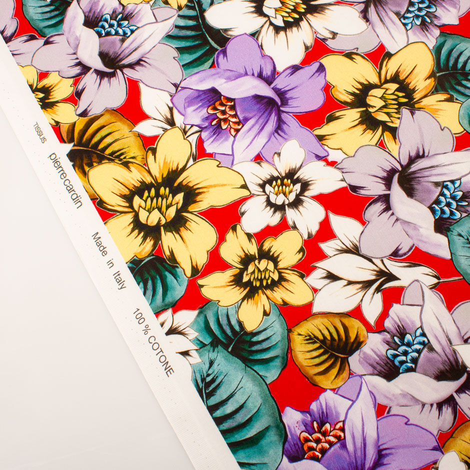 Purple & Yellow Floral Printed Red Lightweight Cotton