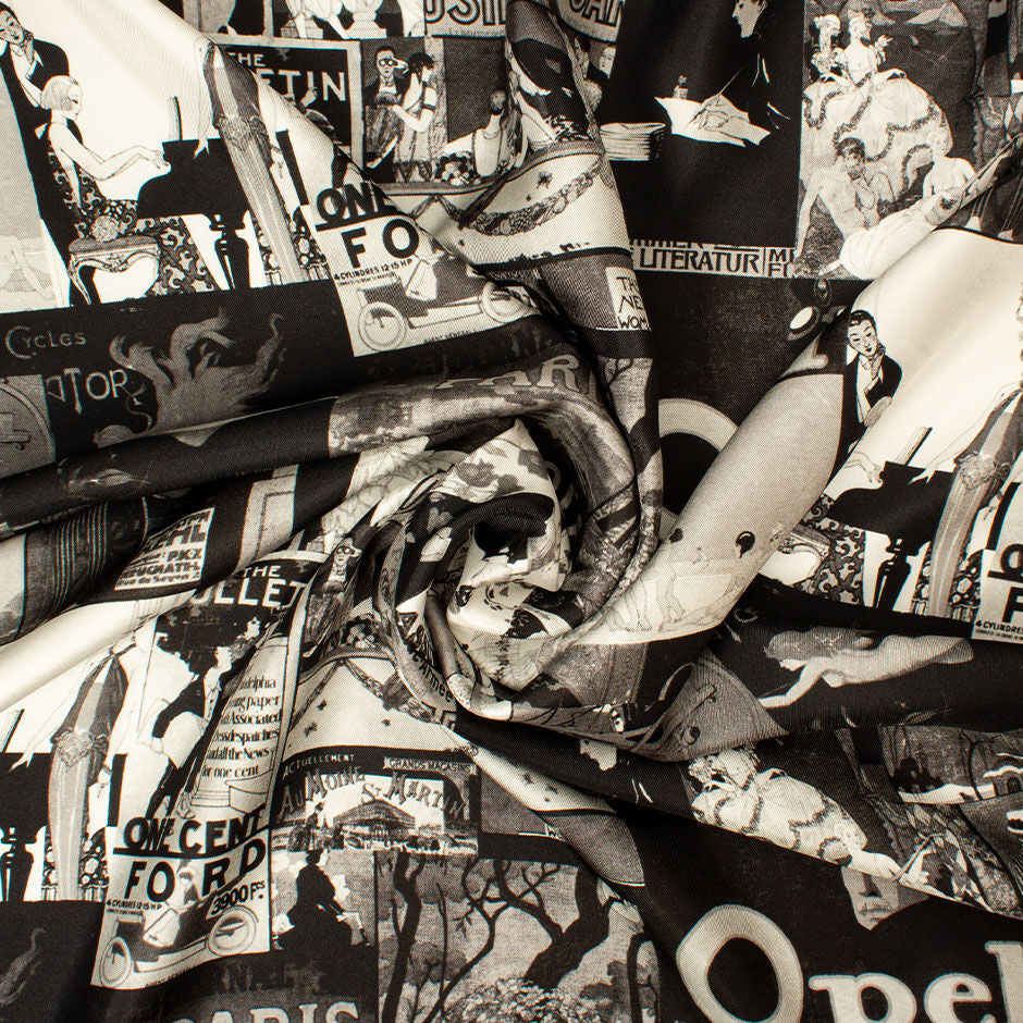 Vintage French Adverts Printed Silk Twill (A 2.30m Piece)