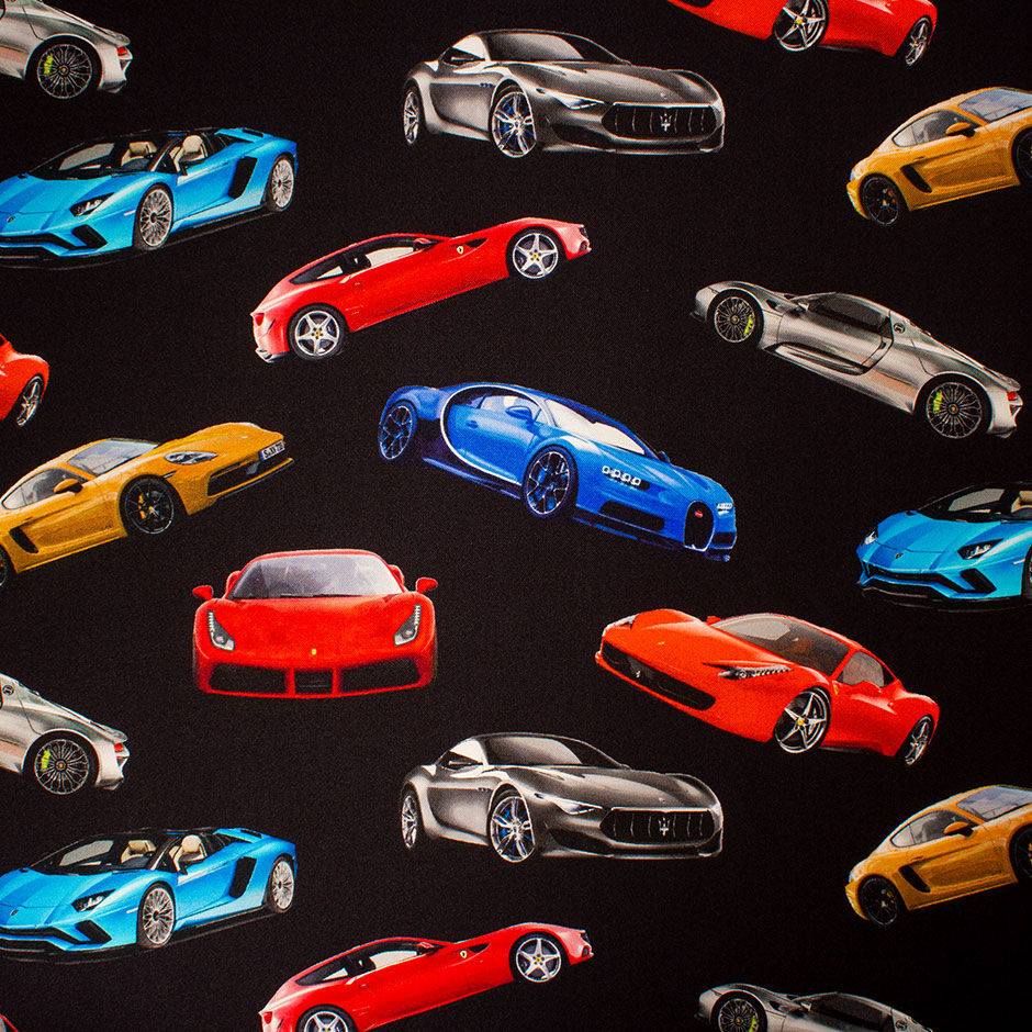 Multi 'Sports Cars' Printed Black Silk Twill (A 2.15m Piece)