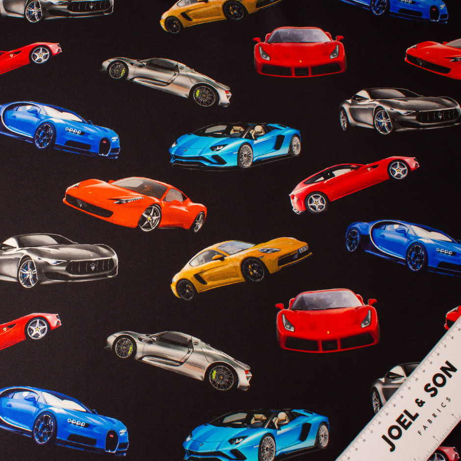 Multi 'Sports Cars' Printed Black Silk Twill (A 2.15m Piece)