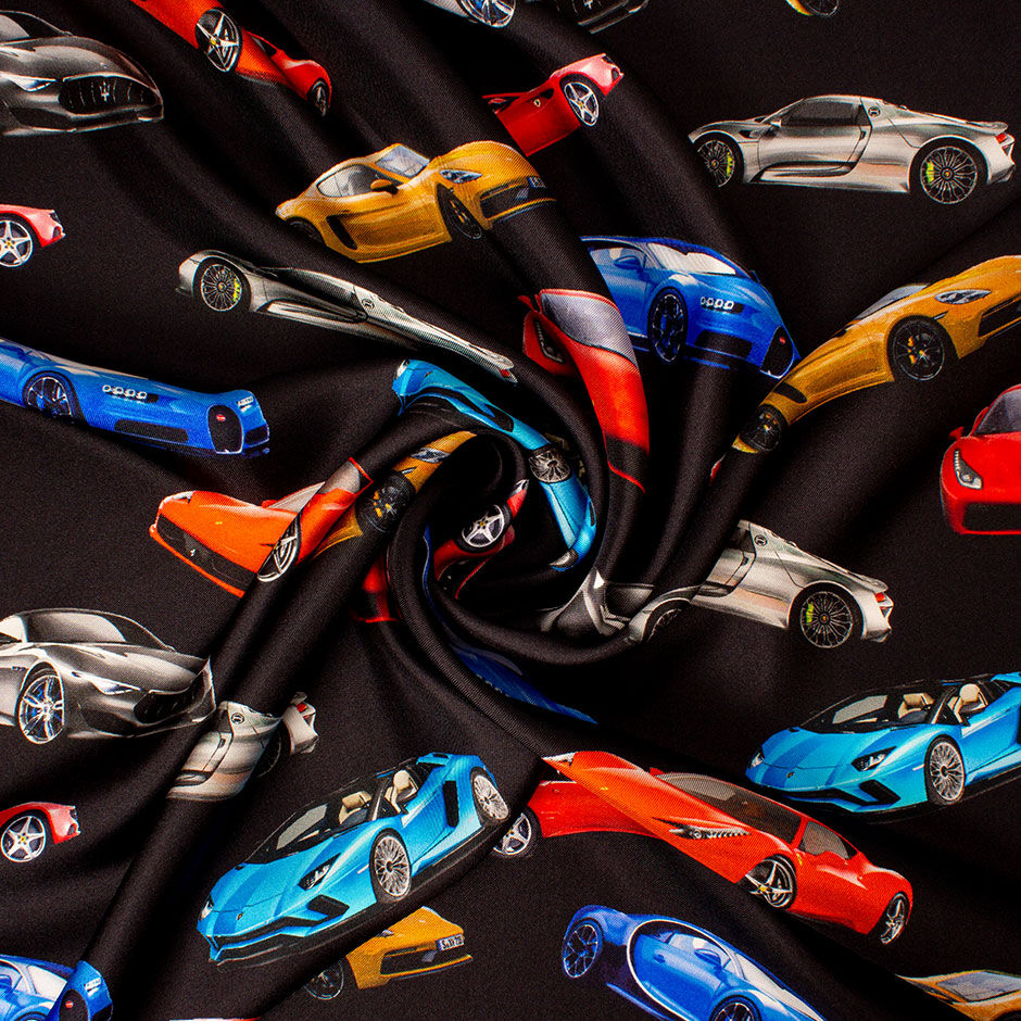 Multi 'Sports Cars' Printed Black Silk Twill (A 2.15m Piece)