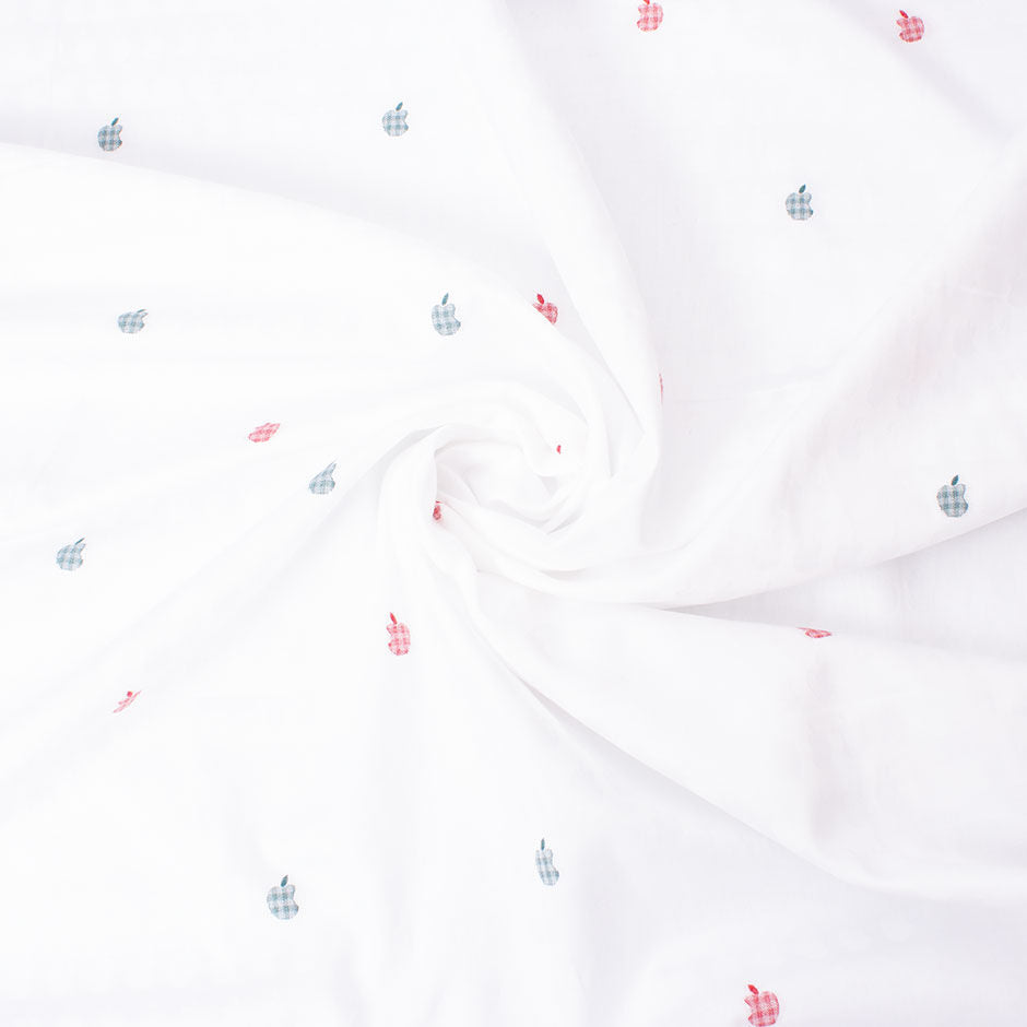 Red/Blue Apple Embroidered White Superfine Cotton