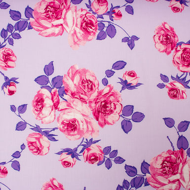 Large Pink Rose Printed Lilac Pure Cotton