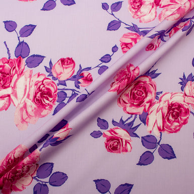 Large Pink Rose Printed Lilac Pure Cotton