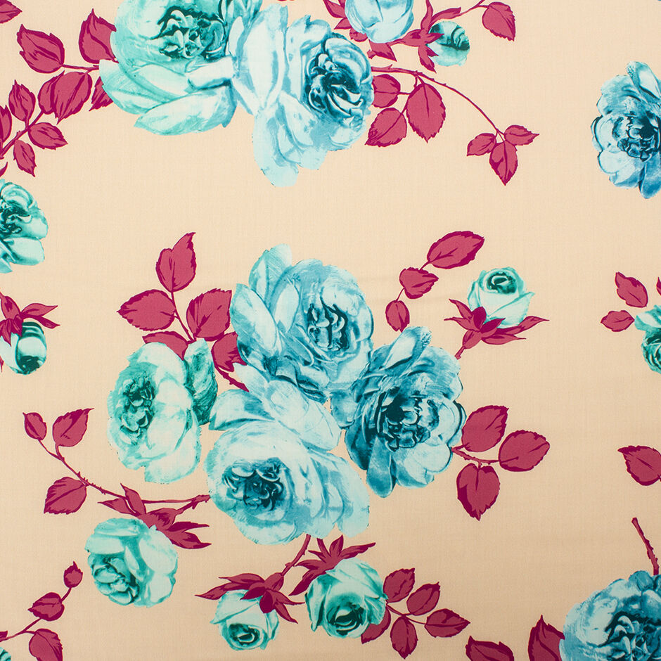 Turquoise & Bordeaux Rose Printed Pale Peach Cotton