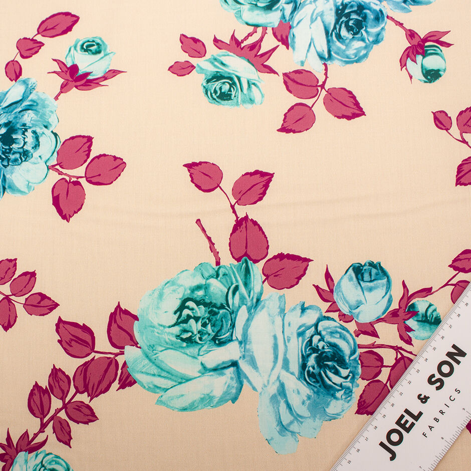 Turquoise & Bordeaux Rose Printed Pale Peach Cotton