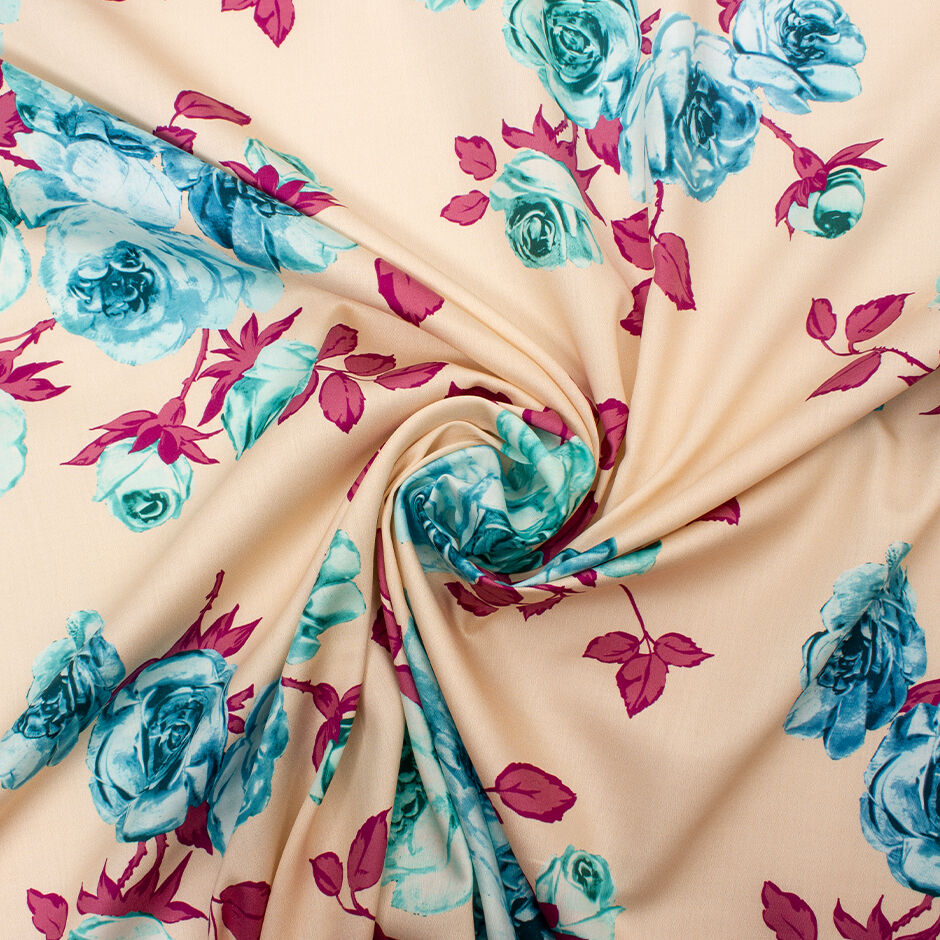 Turquoise & Bordeaux Rose Printed Pale Peach Cotton