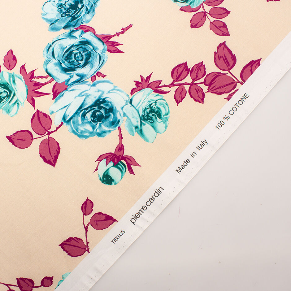 Turquoise & Bordeaux Rose Printed Pale Peach Cotton