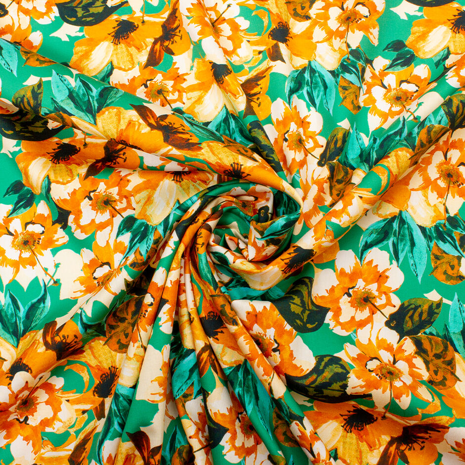 Orange Floral Printed Green Cotton (A 1.95m Piece)