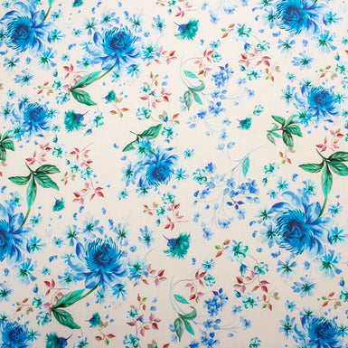Sky Blue & Green Floral Printed Ivory Cotton