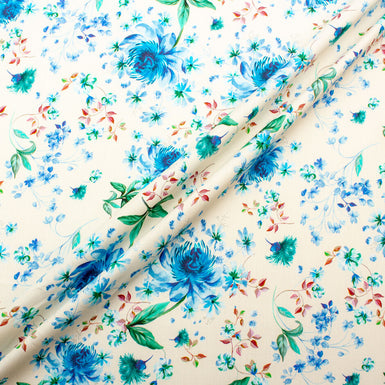 Sky Blue & Green Floral Printed Ivory Cotton