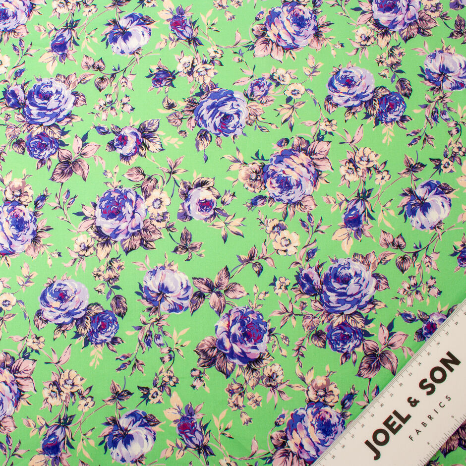 Pink & Lavender Floral Printed Green Cotton (A 2.50m Piece)