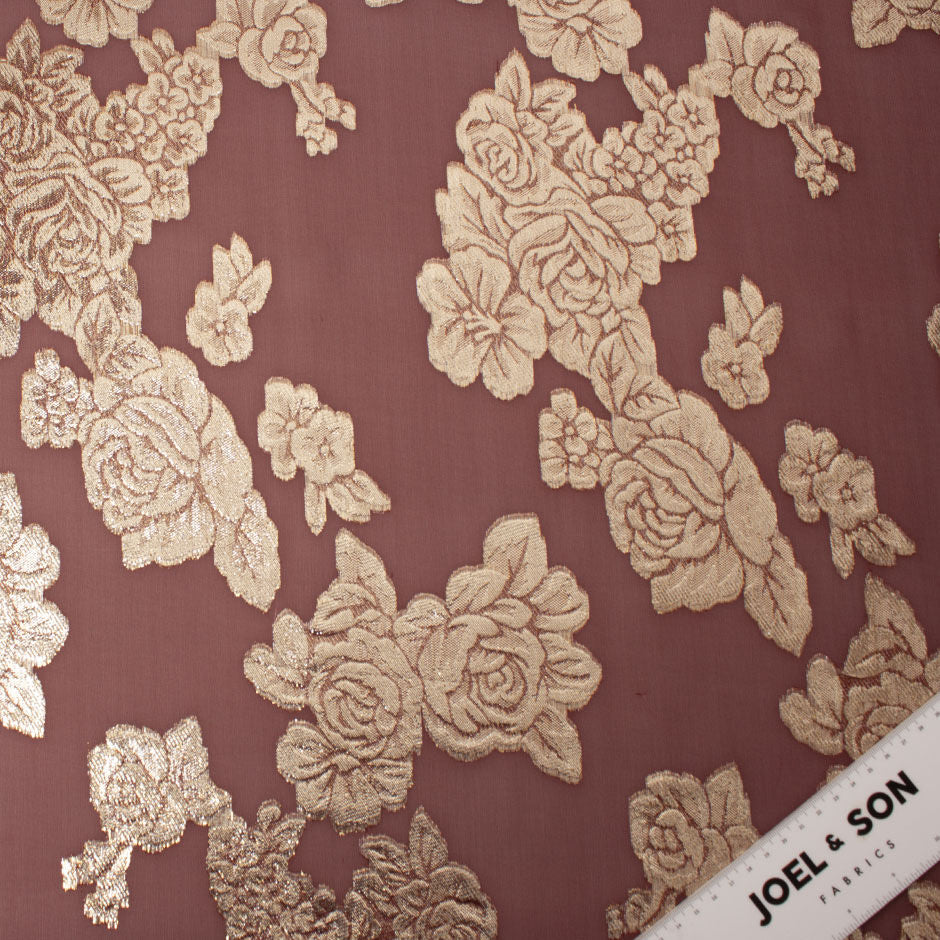 Gold Metallic Floral Maroon Silk Chiffon Jacquard (A 3.35m Piece)