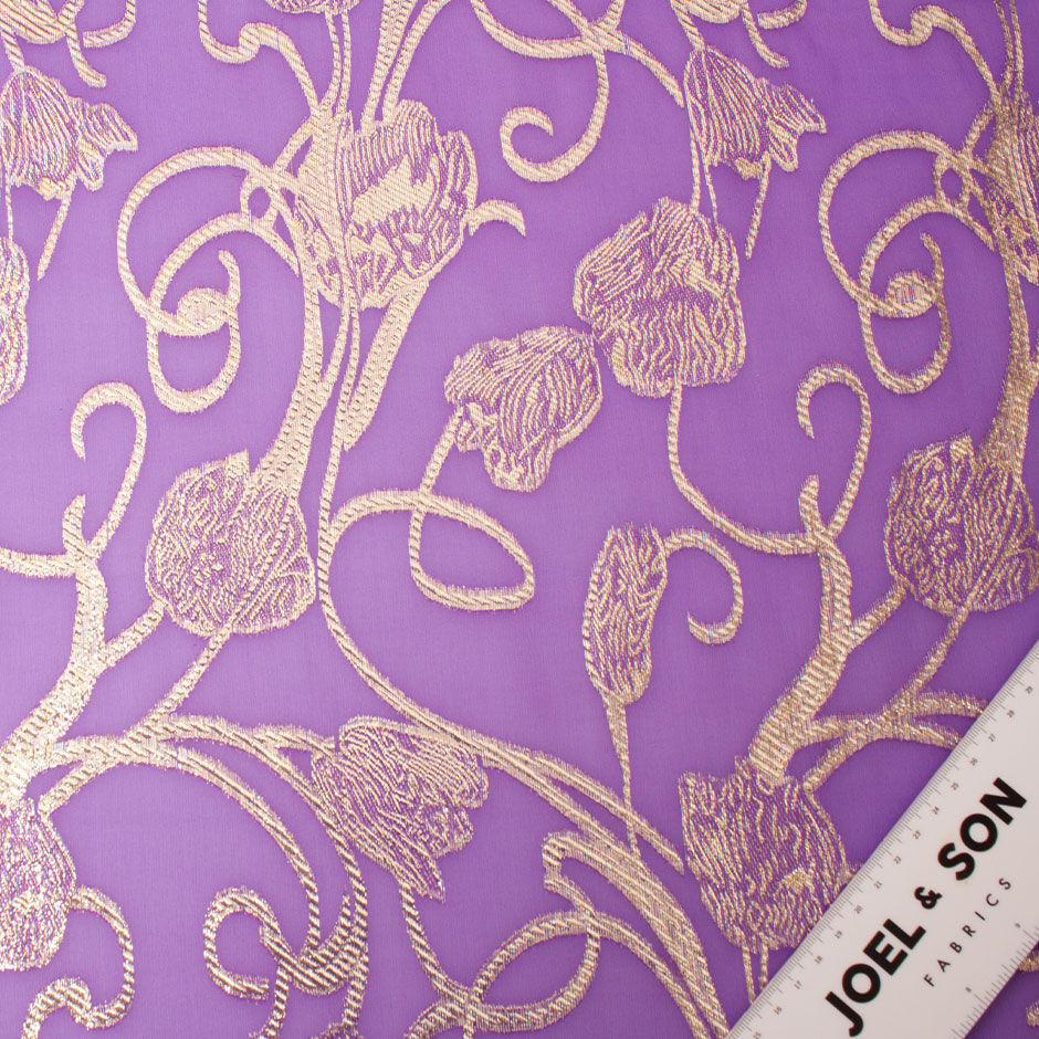 Gold Floral Metallic Violet Silk Chiffon Jacquard