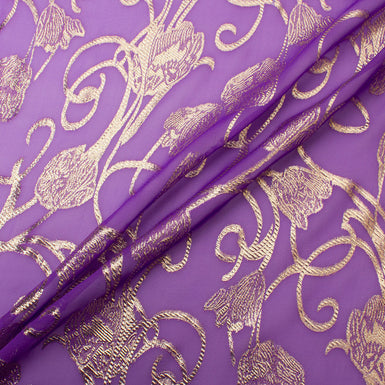 Gold Floral Metallic Violet Silk Chiffon Jacquard