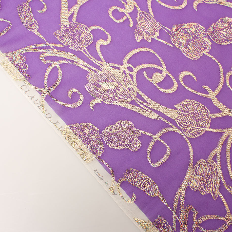 Gold Floral Metallic Violet Silk Chiffon Jacquard