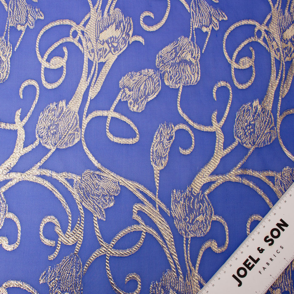 Gold Floral Metallic Electric Blue Silk Chiffon Jacquard