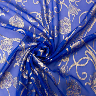 Gold Floral Metallic Electric Blue Silk Chiffon Jacquard