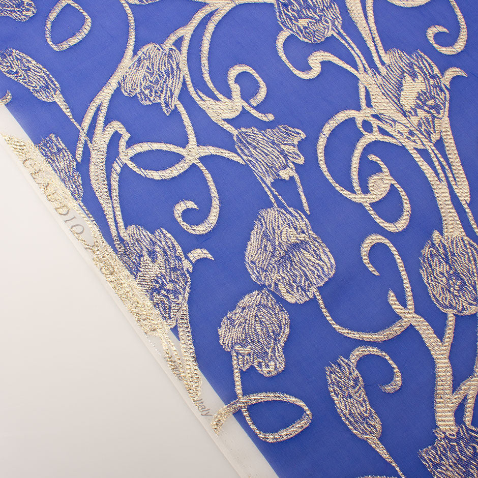 Gold Floral Metallic Electric Blue Silk Chiffon Jacquard