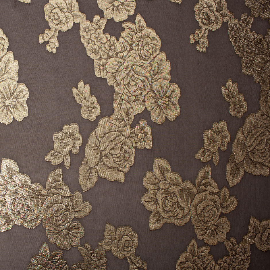 Gold Floral Metallic Brown Silk Chiffon Jacquard