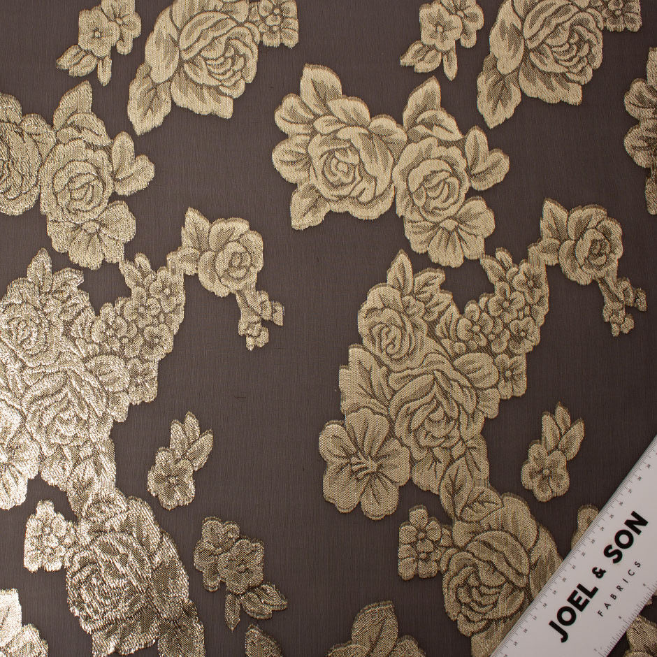 Gold Floral Metallic Brown Silk Chiffon Jacquard