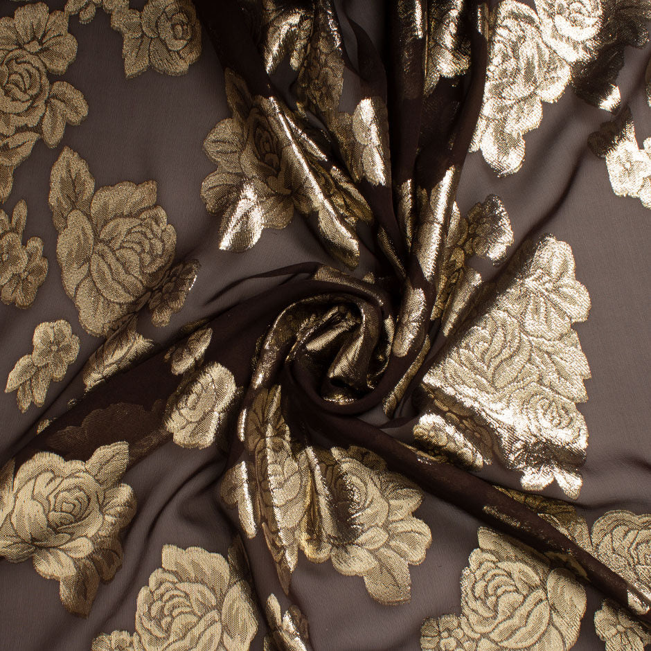 Gold Floral Metallic Brown Silk Chiffon Jacquard