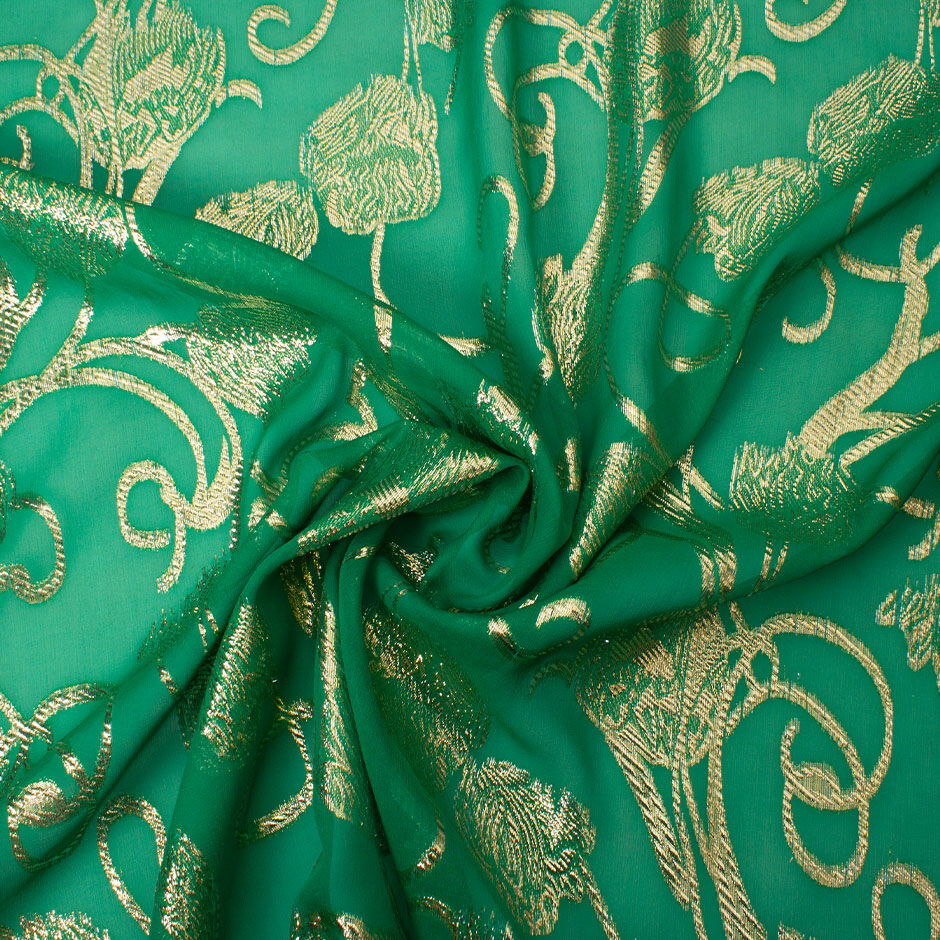 Gold Metallic Emerald Green Silk Chiffon Jacquard (A 2.15m Piece)