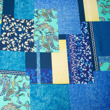 Turquoise & Royal Blue Floral Patchwork Silk Twill